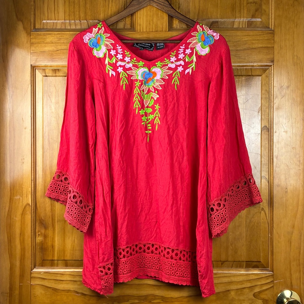 Ananda's Collection Red Embroidered Boho Crochet Lace Tunic Top Blouse Size M